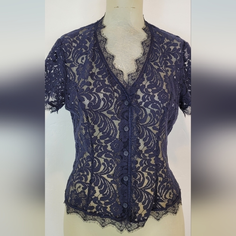 Cabi Navy Blue Lace London Top style #3073